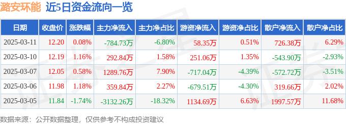 股票行情快报：潞安环能（601699）3月11日主力资金净卖出784.73万元