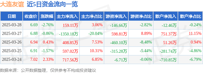 股票行情快报:大连友谊(000679)3月28日主力资金净买入159.11万元