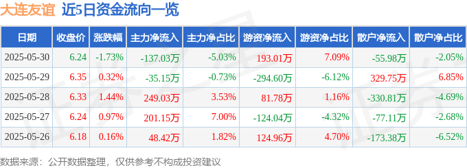 股票行情快报:大连友谊(000679)5月30日主力资金净卖出137.03万元