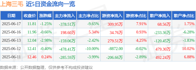 股票行情快报:上海三毛(600689)6月17日主力资金净卖出378.51万元