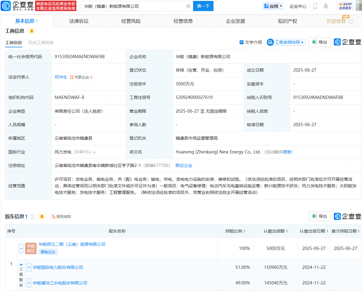 华能国际、华能水电成立新公司，含风力发电相关业务