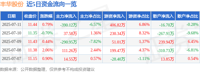 股票行情快报：丰华股份（600615）7月11日主力资金净卖出390.12万元