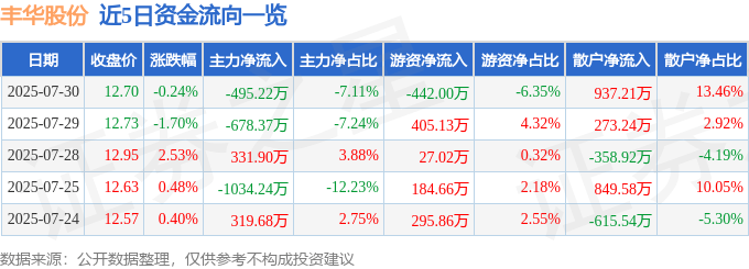 股票行情快报：丰华股份（600615）7月30日主力资金净卖出495.22万元