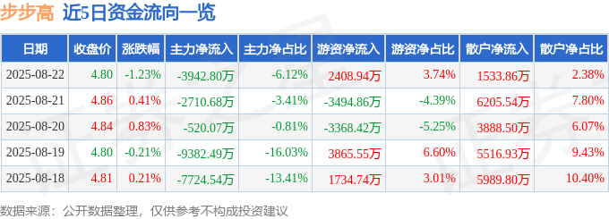 股票行情快报：步步高（002251）8月22日主力资金净卖出3942.80万元