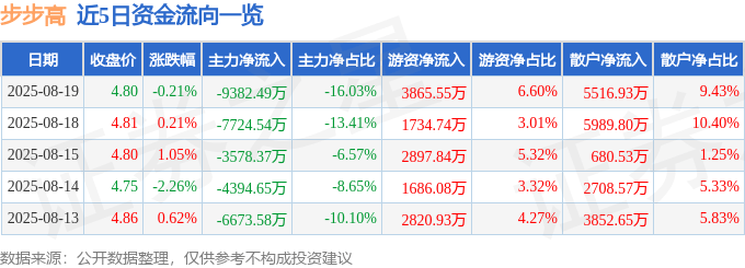 股票行情快报：步步高（002251）8月19日主力资金净卖出9382.49万元